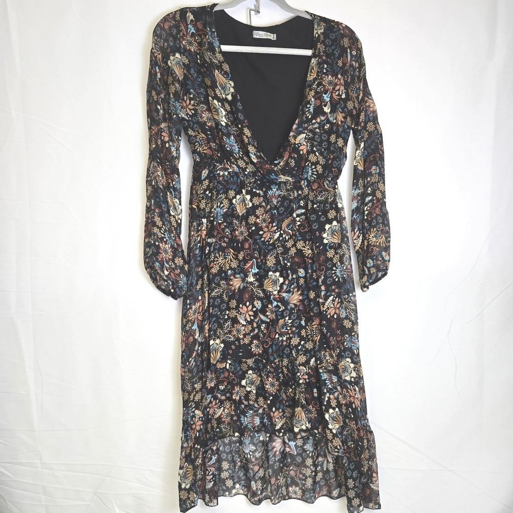 Elana Baldi Italian Silk Blend Plunging V-Neck Floral Hi-Lo Dress, Black, Medium